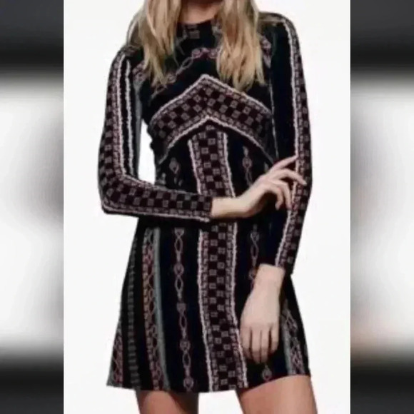 Free People Stella Black Patterned Mock Neck Long Sleeve Mini Dress XS - Picture 3 of 10